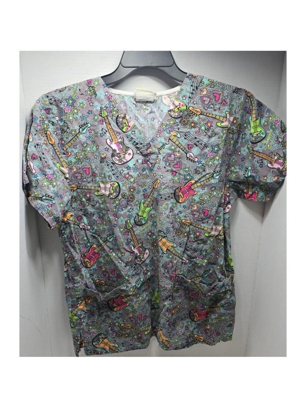 Women's Tafford Gray Multicolor Guitar Print Short Sleeve Scrub Top XL